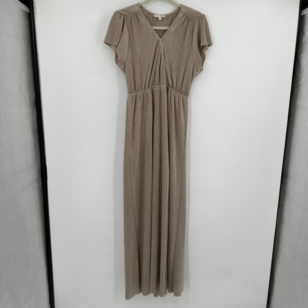 Baltic Born Maxi Dress Womens Large Champagne Pleated Flutter‎ Sleeve V Neck